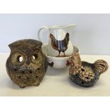 3 ceramic items to include a Peter John pottery owl.