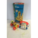 Lego style "Exin" castle model kit together with a 1970's Fisher Price telephone and a Fisher