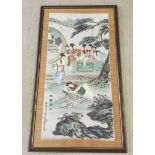 A framed and glazed handpainted bamboo panel depicting oriental ladies in the garden, approx 63 x