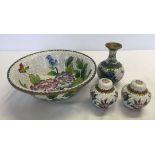 4 cloisonne wares, a bowl (23cm dia), a vase (13cm tall), and 2 lidded jars (7.5cm tall)