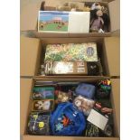 3 boxes of new modern toys to include boxed wooden farm buildings, dolls, and wooden letters.