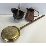 A large brass bed warmer with wooden handle approm 100cm long, together with a small brass coal