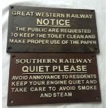 2 Southern Railway signs. 'Quiet Please' & 'Notice' - reproduction cast iron.