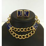 Gilt and blue enamel Monet necklace and earrings.