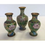 3 cloisonne ware vases measuring 15.5 and 13cm tall