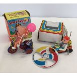 2 boxed vintage tin plate wind-up toys MTU Korea & Yone Japan.