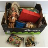 A box of assorted toys to include Barbie dolls, Tiddly Winks & Britains plastic animals.