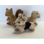 3 Merrythought soft toys: A squirrel together with a vintage lion cub and alsation dog.