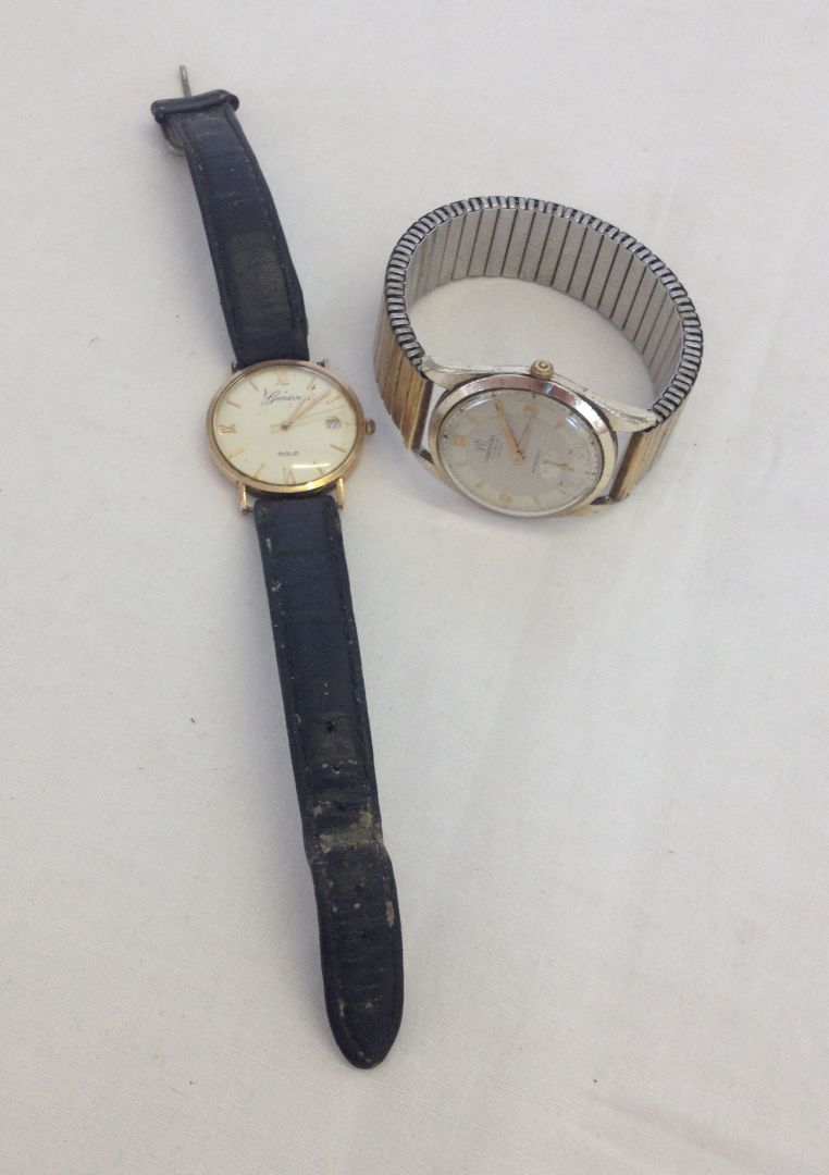 A Geneve 9ct gold watch with an Ingersoll watch. Neither in working order.