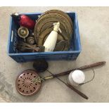 A box of mixed metalware to include; brass trays, soda syphons and a nut roaster