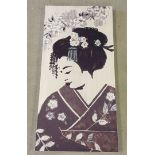 A print on board of a Japanese Geisha, approx 49 x 100cm.