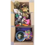 3 boxes of new modern toys to include finger puppets, wooden toys, and metal buckets.