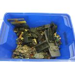 A box of plastic toy soldiers & tanks together with 2 Corgi diecast military vehicles.