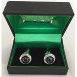 A boxed pair of Thomas Nash working compass cufflinks.