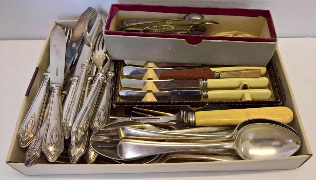 A quantity of silver plated cutlery to include fish knives and forks and mustard spoons.