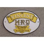 A reproduction cast iron oval shaped Vincent H.R.D. wall plaque.