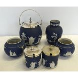 6 items of Adams Tunstall blue & white ceramics to include a lidded biscuit barrel.