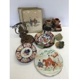 A collection of oriental items to include hand painted plaque.