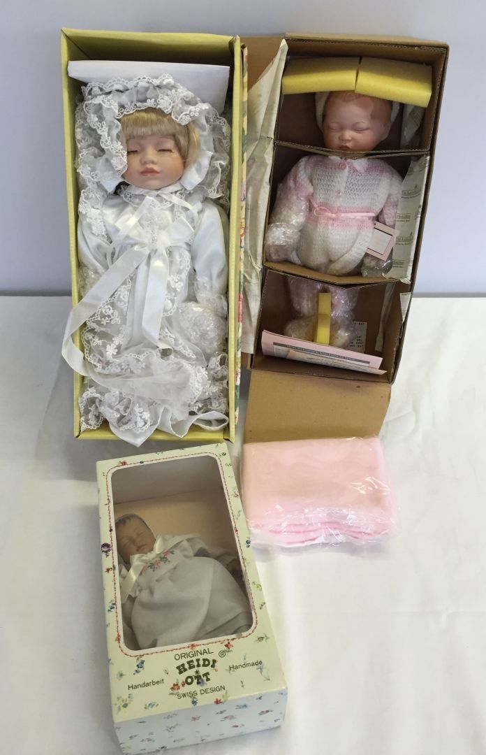 3 modern dolls comprising: 1) Heidi Ott baby doll (approx 18cm tall), 2) Ashton Drake doll and 3)