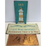 3 metal plaques 'Les Deux Sardines', Lighthouse and African copper scene.