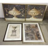 4 framed & glazed prints of classical design. Largest pair 75 x 60cm.