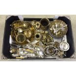 A box of assorted metalware to include cutlery, brass & silver plate items.