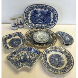 17 pieces of blue and white china to include 2 Booth's British Scenery pattern meat platters (some