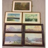 A quantity of framed & glazed prints comprising 2 Peter Scott prints of birds in flight, 4