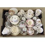 A box of mixed ceramic cups & saucers and trios to include Royal Vale and Wedgwood.