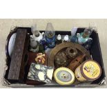 A box of misc items to include miniature oil lamps, wooden cutlery tray and cherished teddies