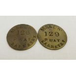 2 c1850s Manchester, Sheffield & Lincolnshire Railway permanent way staff. Barnetby brass pay checks