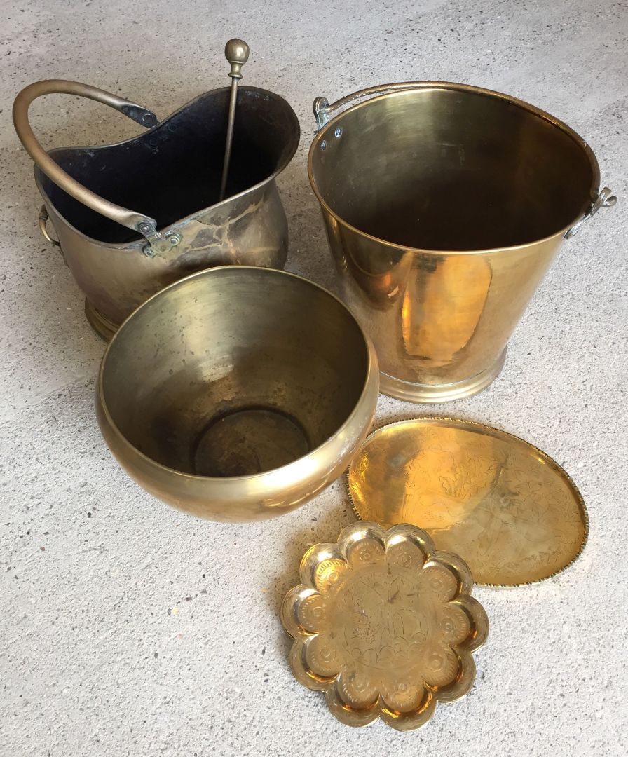 A vintage brass bucket and coal scuttle together with a plant pot and 3 dishes