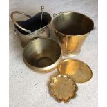 A vintage brass bucket and coal scuttle together with a plant pot and 3 dishes