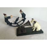 2 cast iron reproduction figures 'His Masters Voice' together with Rocking Clowns.