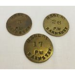 3 c1850s Manchester, Sheffield & Lincolnshire Railway permanent way staff. Barnetby brass pay checks