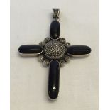 A silver, marcasite and jet cross shaped pendant, approx 5x7cm. Central silver circle set with 10