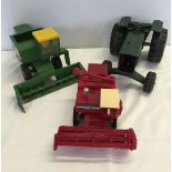 3 farm machinery vehicles: 1) A 1978 Britains Massey-Ferguson combine harvester. 2) A Tonka green