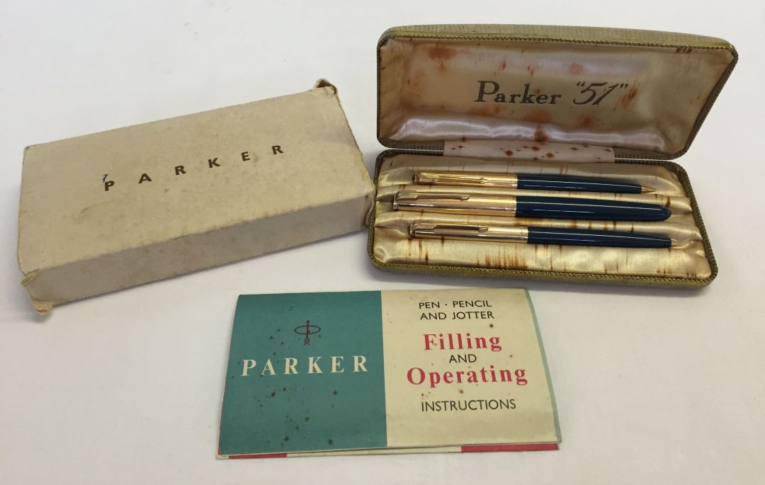 A vintage Parker '51' set in original box (with instructions) in teal and gold fountain pen,
