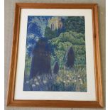 A framed and glazed pastel picture of a church yard and church, possibly Swanton Morley. Frame