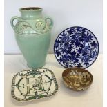 4 pieces of ceramic comprising; a W. Holland 2 handled vase, a Royal Worcester plate, a Satsuma bowl