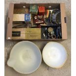 A box of vintage kitchenalia to include Oxo tins, a boxed Horlicks mixer and bakelite items.