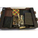 A box of cutlery to include boxed sets of spoons, fish sets and silver plate sugar tongs.