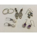 4 pairs of 925 silver earrings, - amethyst oval drops, blue topaz teardrops, dangly celtic design