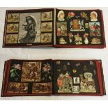 A large Victorian scrap album with 30 black silk pages edged with red silk. Full of Victorian