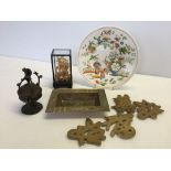 A collection of Chinese items to include hand painted plate brass items, sensa, and cork diorama.