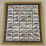 A full set of original 50 John Player Motor Cars cigarette cards. Framed and glazed with glass to
