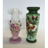 2 Victorian opaline glass vases with painted flower decoration.