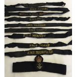 A quantity of 9 Naval cap tallies together with a petty Officers cap badge.