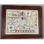 A framed and glazed colour reproduction map of Cornwall. 68 x 56cm.