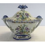 An early to mid 20th century hand painted Portugeuse lidded tureen with shell handles by